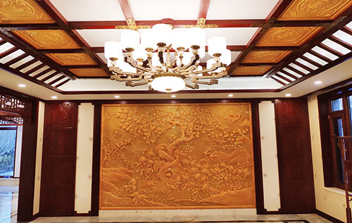 磐安中式别墅客厅中式木作横梁吊顶装饰展示